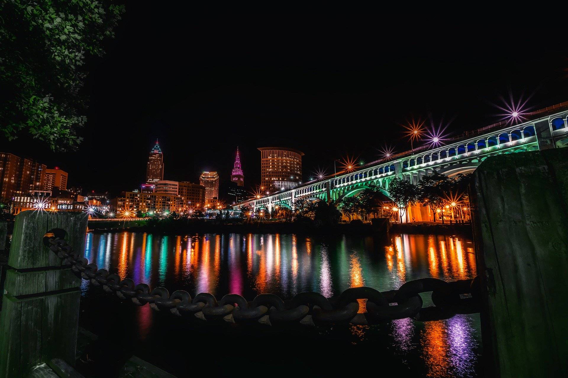 Cleveland at night by the harbor